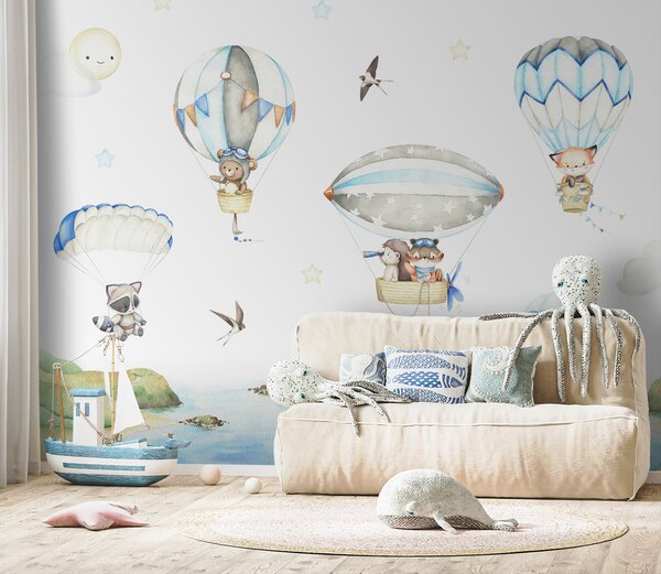 Carta da parati Animali con paracadute e palloncini, Carta da parati per Bambini, u95349 : Uwalls.it