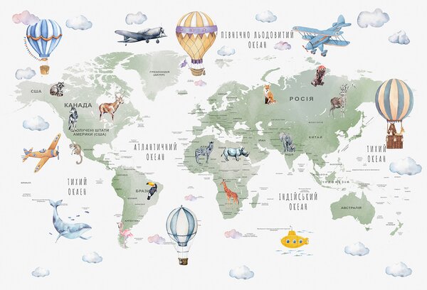 Carta da parati Mappa del mondo con animali e parole, Carta da parati per Bambini, Carta da parati popolare, u95274 - Tapeko.it