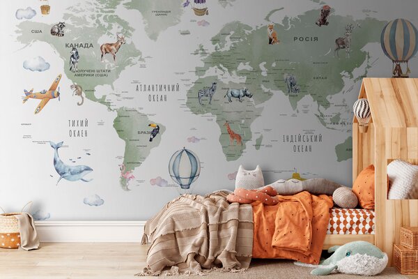 Carta da parati Mappa del mondo con animali e parole, Carta da parati per Bambini, Carta da parati popolare, u95274 - Tapeko.it
