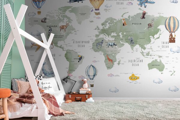 Carta da parati Mappa del mondo con animali e parole, Carta da parati per Bambini, Carta da parati popolare, u95274 - Tapeko.it