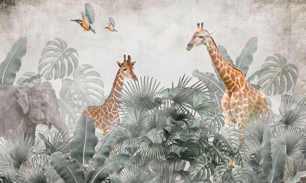 Carta da parati Gruppo di giraffe in una foresta, Carta da parati Giungla, Carta da parati popolare, u95271 - Tapeko.it