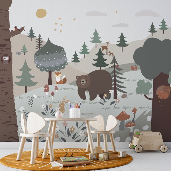 Carta da parati Cartone animato di un orso e di un coniglio in una foresta, Carta da parati per Bambini, Carta da parati popolare, u95366 - Tapeko.it