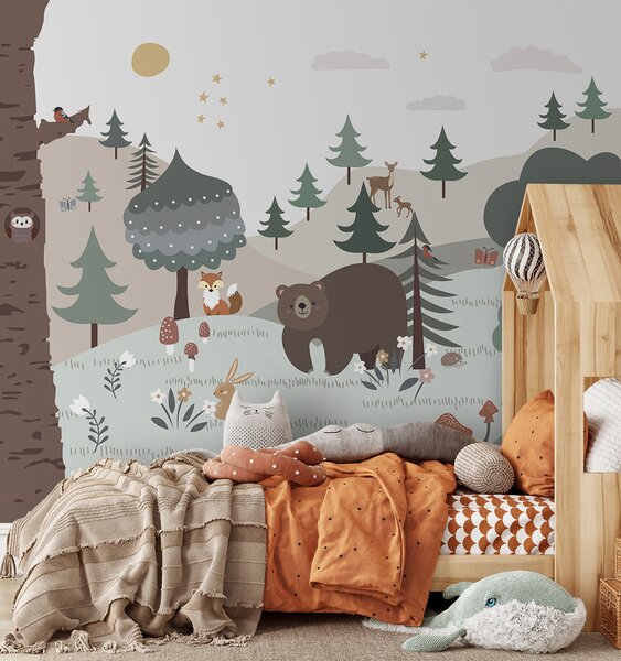 Carta da parati Cartone animato di un orso e di un coniglio in una foresta, Carta da parati per Bambini, Carta da parati popolare, u95366 - Tapeko.it