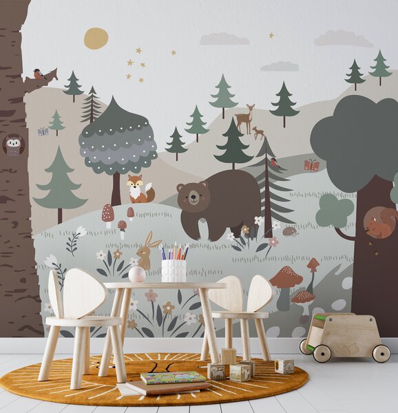 Carta da parati Cartone animato di un orso e di un coniglio in una foresta, Carta da parati per Bambini, Carta da parati popolare, u95366 - Tapeko.it