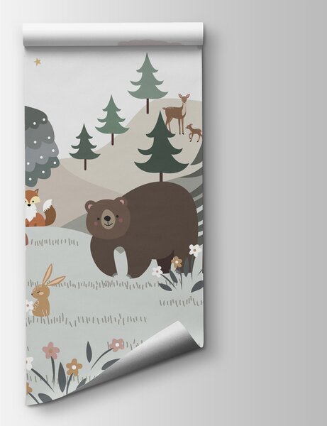 Carta da parati Cartone animato di un orso e di un coniglio in una foresta, Carta da parati per Bambini, Carta da parati popolare, u95366 - Tapeko.it