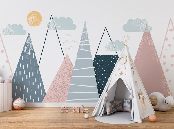 Carta da parati Gruppo di montagne con alberi e nuvole, Carta da parati per Bambini, Carta da parati popolare, u95368 - Tapeko.it