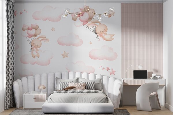 Carta da parati Gruppo di nuvole rosa e coniglietto con palloncini in mano, Carta da parati per Bambini, Carta da parati popolare, u95399 - Tapeko.it
