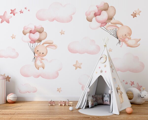 Carta da parati Gruppo di nuvole rosa e coniglietto con palloncini in mano, Carta da parati per Bambini, Carta da parati popolare, u95399 - Tapeko.it