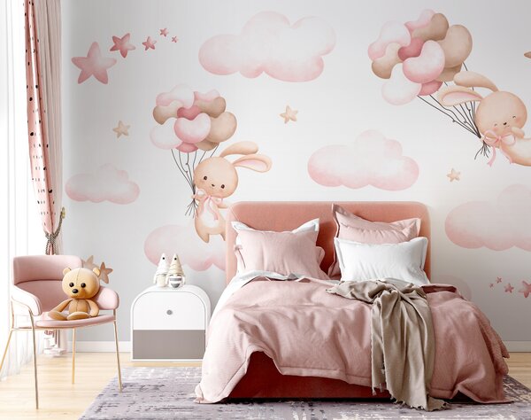 Carta da parati Gruppo di nuvole rosa e coniglietto con palloncini in mano, Carta da parati per Bambini, Carta da parati popolare, u95399 - Tapeko.it