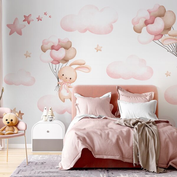 Carta da parati Gruppo di nuvole rosa e coniglietto con palloncini in mano, Carta da parati per Bambini, Carta da parati popolare, u95399 - Tapeko.it