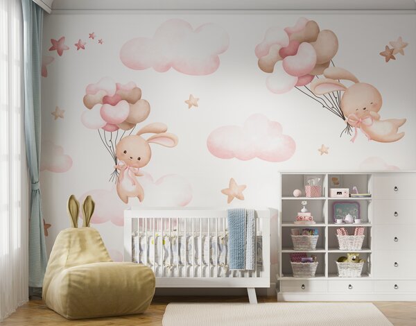 Carta da parati Gruppo di nuvole rosa e coniglietto con palloncini in mano, Carta da parati per Bambini, Carta da parati popolare, u95399 - Tapeko.it