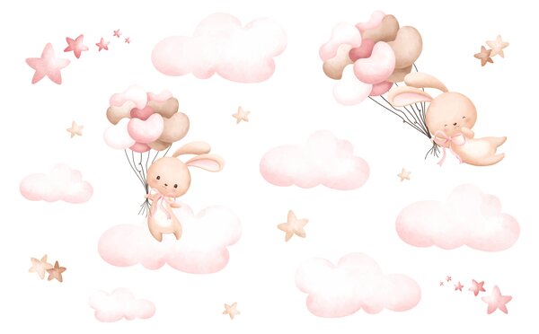 Carta da parati Gruppo di nuvole rosa e coniglietto con palloncini in mano, Carta da parati per Bambini, Carta da parati popolare, u95399 - Tapeko.it