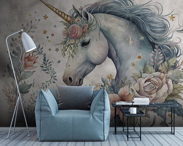 Carta da parati Unicorno con fiori e foglie, Carta da parati per Bambini, Carta da parati popolare, u95404 - Tapeko.it