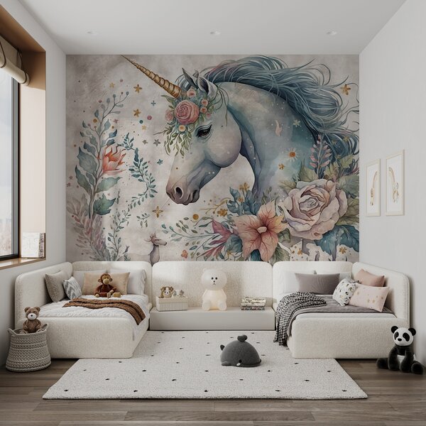 Carta da parati Unicorno con fiori e foglie, Carta da parati per Bambini, Carta da parati popolare, u95404 - Tapeko.it