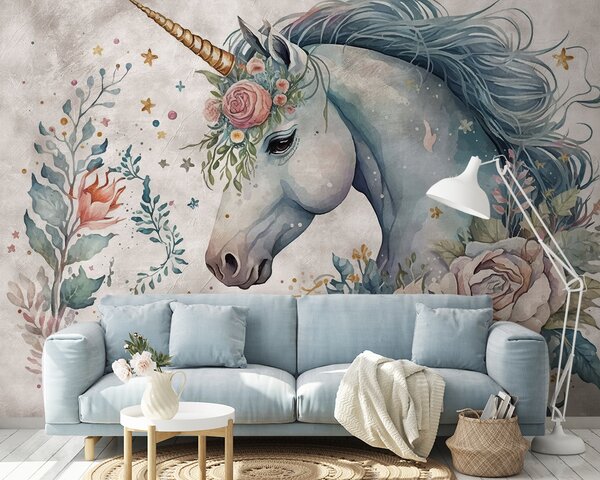 Carta da parati Unicorno con fiori e foglie, Carta da parati per Bambini, Carta da parati popolare, u95404 - Tapeko.it