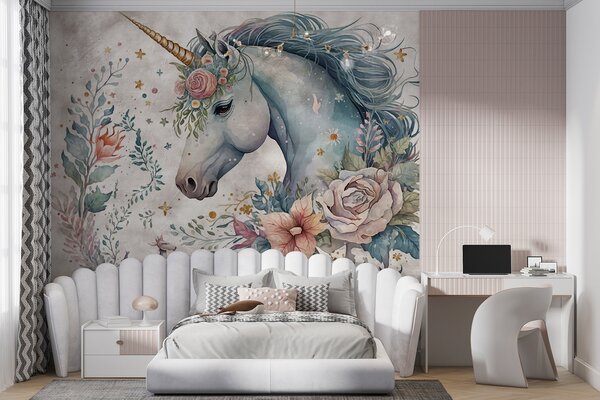 Carta da parati Unicorno con fiori e foglie, Carta da parati per Bambini, Carta da parati popolare, u95404 - Tapeko.it