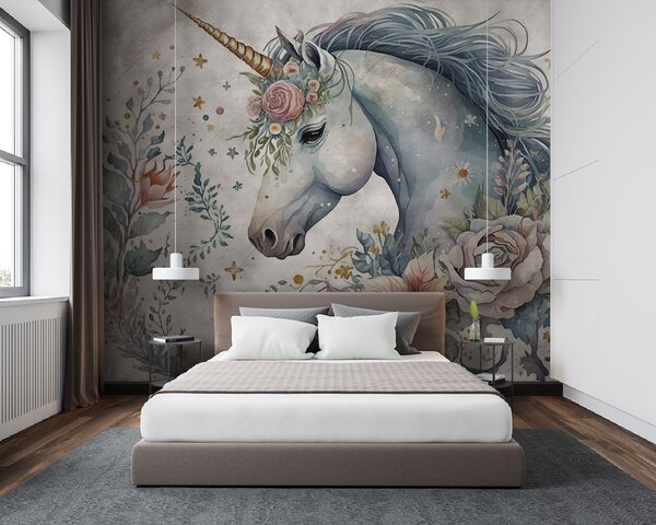 Carta da parati Unicorno con fiori e foglie, Carta da parati per Bambini, Carta da parati popolare, u95404 - Tapeko.it