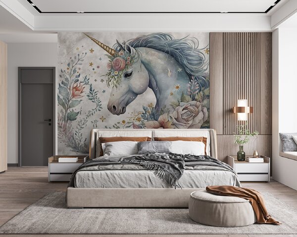 Carta da parati Unicorno con fiori e foglie, Carta da parati per Bambini, Carta da parati popolare, u95404 - Tapeko.it