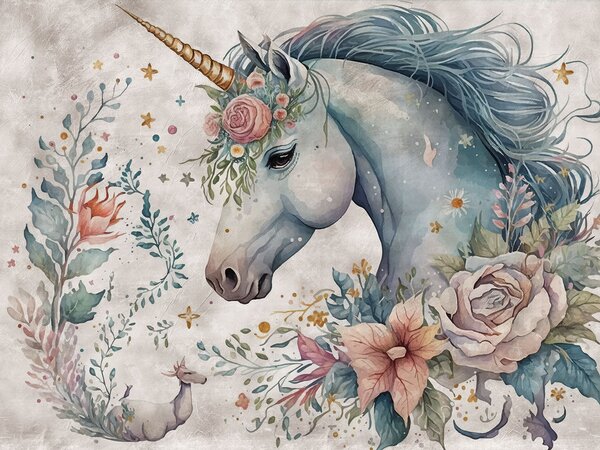 Carta da parati Unicorno con fiori e foglie, Carta da parati per Bambini, Carta da parati popolare, u95404 - Tapeko.it