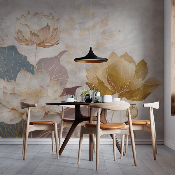 Carta da parati Pittura di fiori e foglie, Carta da parati acquerello sul muro, Carta da parati popolare, u95418 - Tapeko.it