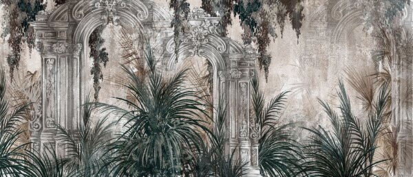Carta da parati Pittura di un arco in pietra con piante, Carta da parati Giungla, Carta da parati popolare, u95500 - Tapeko.it
