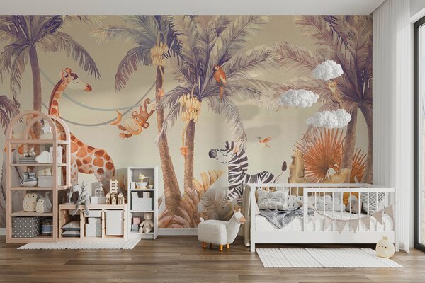 Carta da parati Giraffa e zebra nella giungla, Carta da parati per Bambini, Carta da parati popolare, u95505 - Tapeko.it