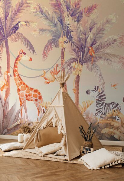 Carta da parati Giraffa e zebra nella giungla, Carta da parati per Bambini, Carta da parati popolare, u95505 - Tapeko.it