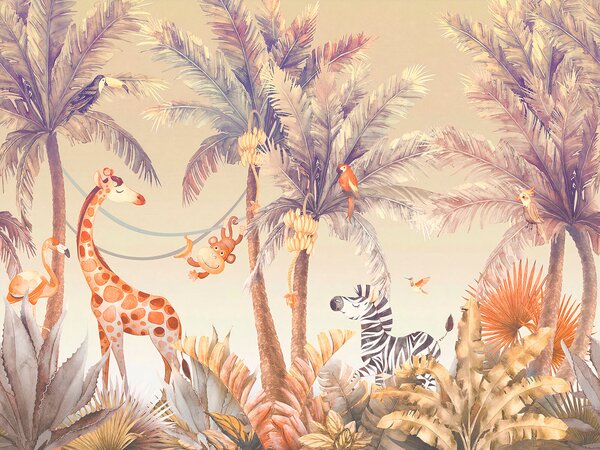 Carta da parati Giraffa e zebra nella giungla, Carta da parati per Bambini, Carta da parati popolare, u95505 - Tapeko.it