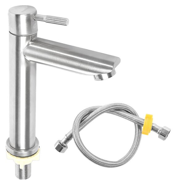 Rubinetto per acqua fredda, ideale per il bagno degli ospiti, in acciaio inossidabile. Miscelatore monocomando per lavabo. Rubinetto per acqua fredda con tubo di collegamento da 60 cm, adatto per lavabi da bagno