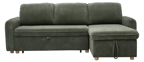 Divano angolare convertibile reversibile con contenitore 3 posti in tessuto velluto a coste verde kaki e legno chiaro ORSO