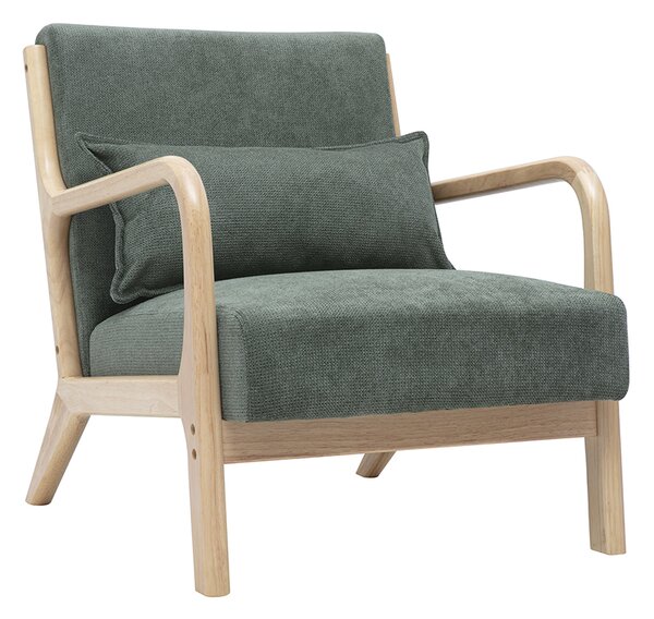 Poltrona scandinava in tessuto ciniglia verde kaki e legno massello chiaro DERRY