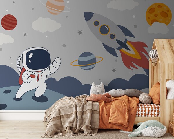 Carta da parati Cartone animato di un astronauta che cammina su un pianeta con un razzo nel cielo, Carta da parati per Bambini, Carta da parati popolare, u95706 - Tapeko.it