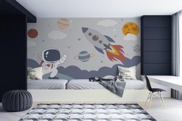 Carta da parati Cartone animato di un astronauta che cammina su un pianeta con un razzo nel cielo, Carta da parati per Bambini, Carta da parati popolare, u95706 - Tapeko.it