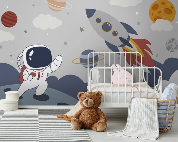 Carta da parati Cartone animato di un astronauta che cammina su un pianeta con un razzo nel cielo, Carta da parati per Bambini, Carta da parati popolare, u95706 - Tapeko.it