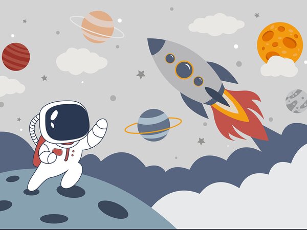 Carta da parati Cartone animato di un astronauta che cammina su un pianeta con un razzo nel cielo, Carta da parati per Bambini, Carta da parati popolare, u95706 - Tapeko.it