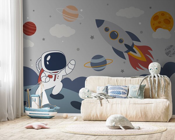 Carta da parati Cartone animato di un astronauta che cammina su un pianeta con un razzo nel cielo, Carta da parati per Bambini, Carta da parati popolare, u95706 - Tapeko.it