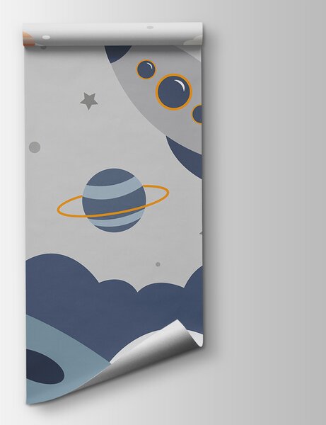 Carta da parati Cartone animato di un astronauta che cammina su un pianeta con un razzo nel cielo, Carta da parati per Bambini, Carta da parati popolare, u95706 - Tapeko.it