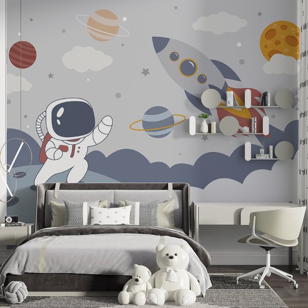 Carta da parati Cartone animato di un astronauta che cammina su un pianeta con un razzo nel cielo, Carta da parati per Bambini, Carta da parati popolare, u95706 - Tapeko.it