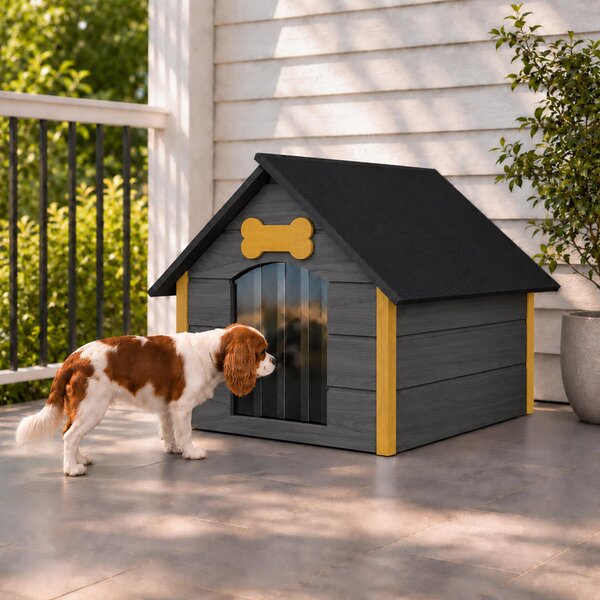 Cuccia per cani QLS, dimensioni L (81x68 cm), isolata, in legno, per esterno, colore grigio-miele, modello 9126