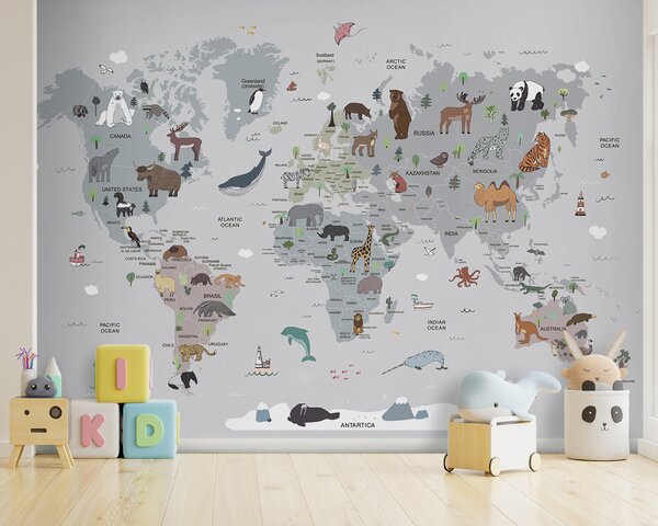 Carta da parati Mappa del mondo con animali, Carta da parati per Bambini, Carta da parati popolare, u95844 - Tapeko.it