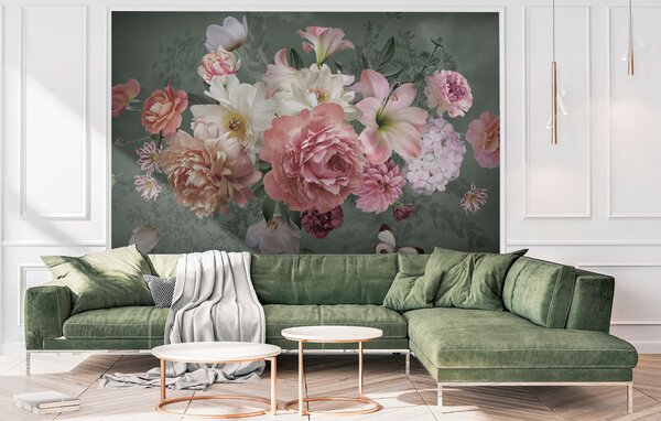 Carta da parati Gruppo di fiori con farfalla, Carta da parati 3d fiori, Carta da parati popolare, u95818 - Tapeko.it