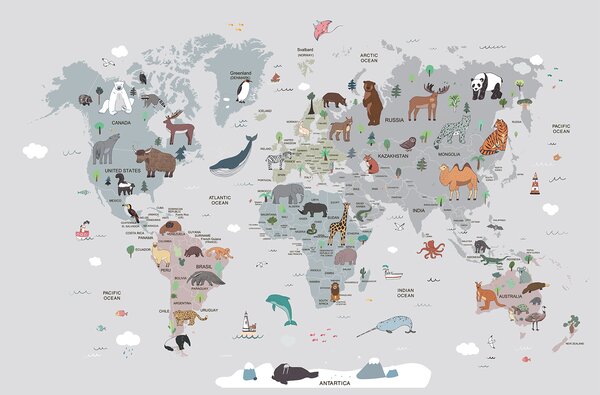 Carta da parati Mappa del mondo con animali, Carta da parati per Bambini, Carta da parati popolare, u95844 - Tapeko.it