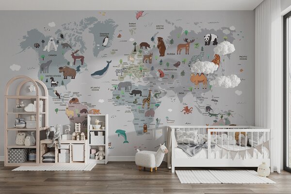 Carta da parati Mappa del mondo con animali, Carta da parati per Bambini, Carta da parati popolare, u95844 - Tapeko.it
