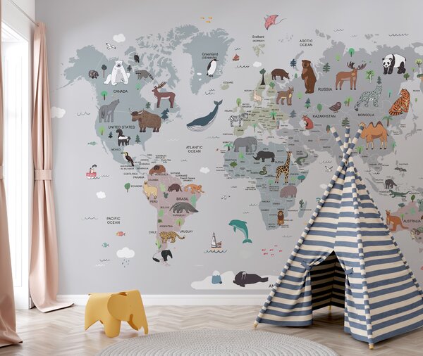 Carta da parati Mappa del mondo con animali, Carta da parati per Bambini, Carta da parati popolare, u95844 - Tapeko.it