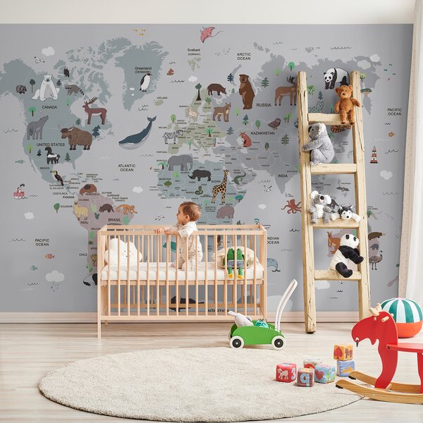 Carta da parati Mappa del mondo con animali, Carta da parati per Bambini, Carta da parati popolare, u95844 - Tapeko.it