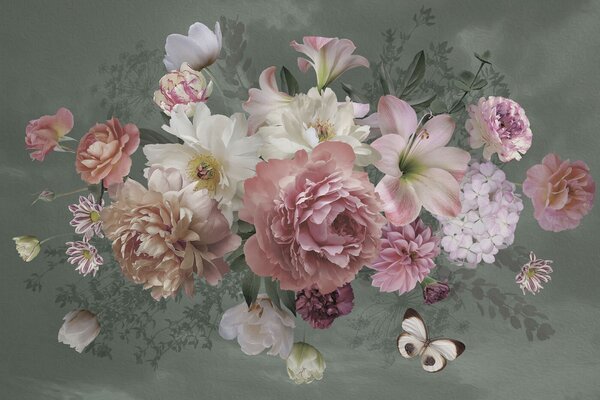 Carta da parati Gruppo di fiori con farfalla, Carta da parati 3d fiori, Carta da parati popolare, u95818 - Tapeko.it