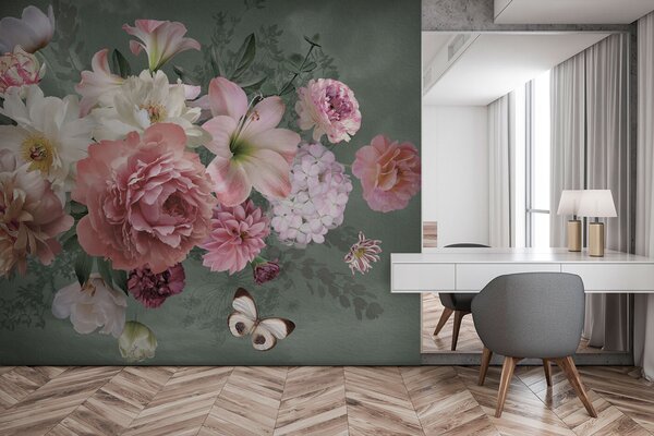 Carta da parati Gruppo di fiori con farfalla, Carta da parati 3d fiori, Carta da parati popolare, u95818 - Tapeko.it