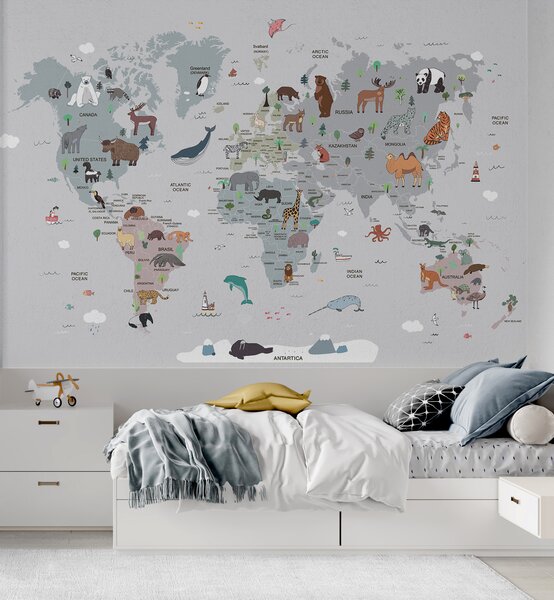 Carta da parati Mappa del mondo con animali, Carta da parati per Bambini, Carta da parati popolare, u95844 - Tapeko.it