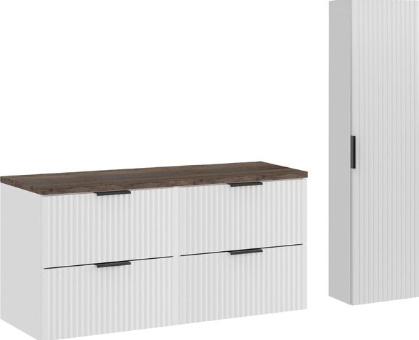 Mobile Bagno 120 Cm Bianco Opaco Con Piano In Rovere Santa Fe E Colonna