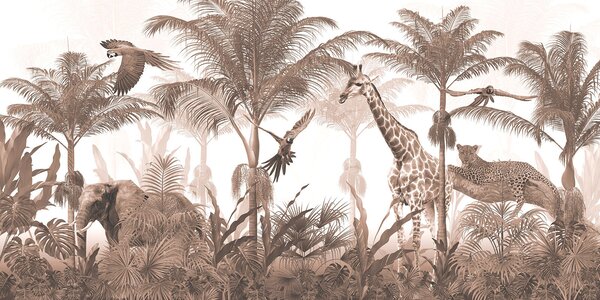 Carta da parati Giraffe e pappagalli in una foresta, Carta da parati Giungla, Carta da parati popolare, u95906 - Tapeko.it
